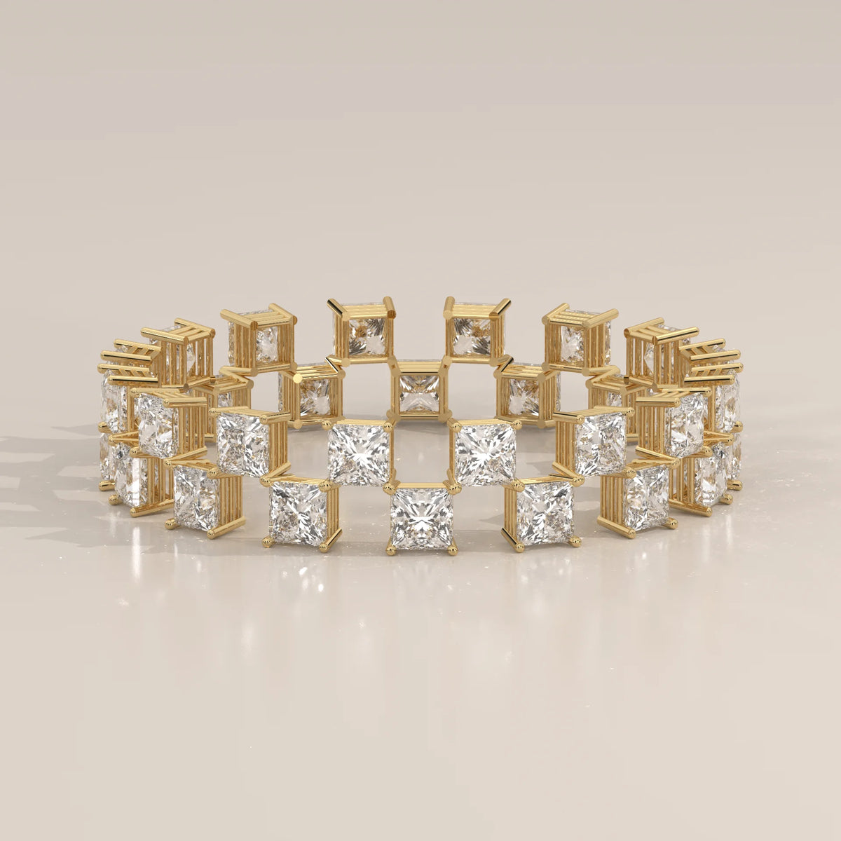 Double Row Princess Cut Diamond Checkerboard Eternity Ring in yellow gold, shown from the front.