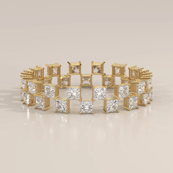 Double Row Princess Cut Diamond Checkerboard Eternity Ring in yellow gold, shown from the front.