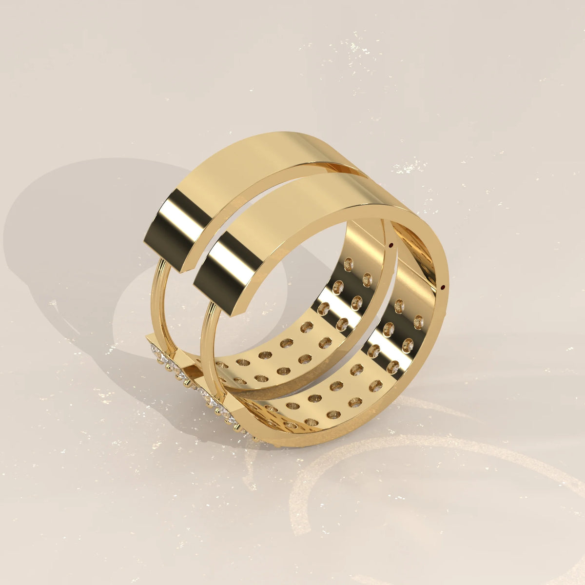Double Row Round Lab Grown Diamond Wide Hinged Hoop Earrings in yellow gold, shown at an angle.