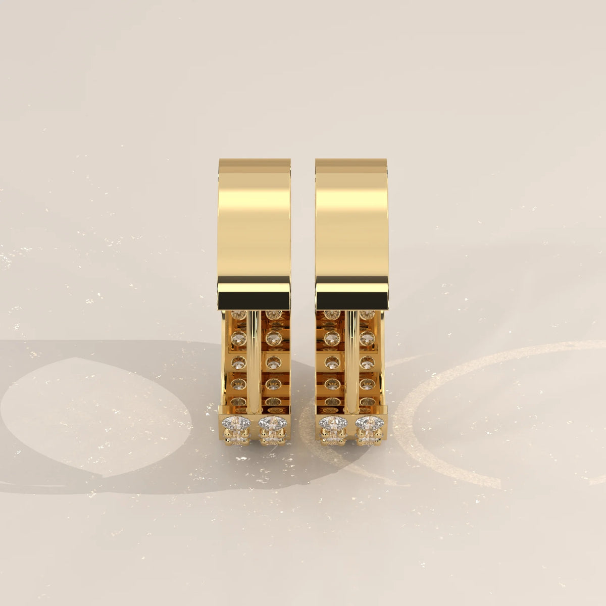 Double Row Round Lab Grown Diamond Wide Hinged Hoop Earrings in yellow gold, front view on a plain background.