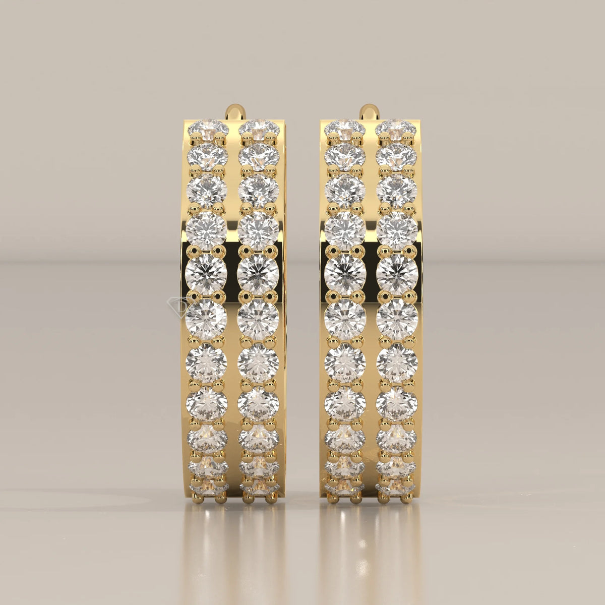 Double Row Round Lab Grown Diamond Wide Hinged Hoop Earrings in yellow gold, shown from the front.