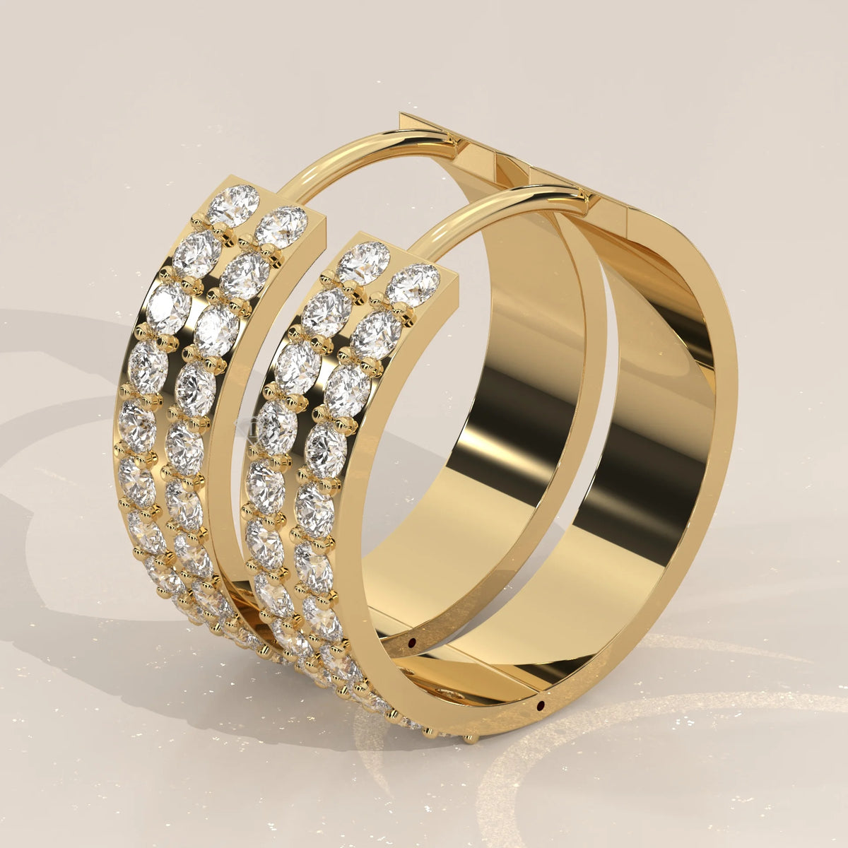 Double Row Round Lab Grown Diamond Wide Hinged Hoop Earrings in yellow gold, shown from the side.