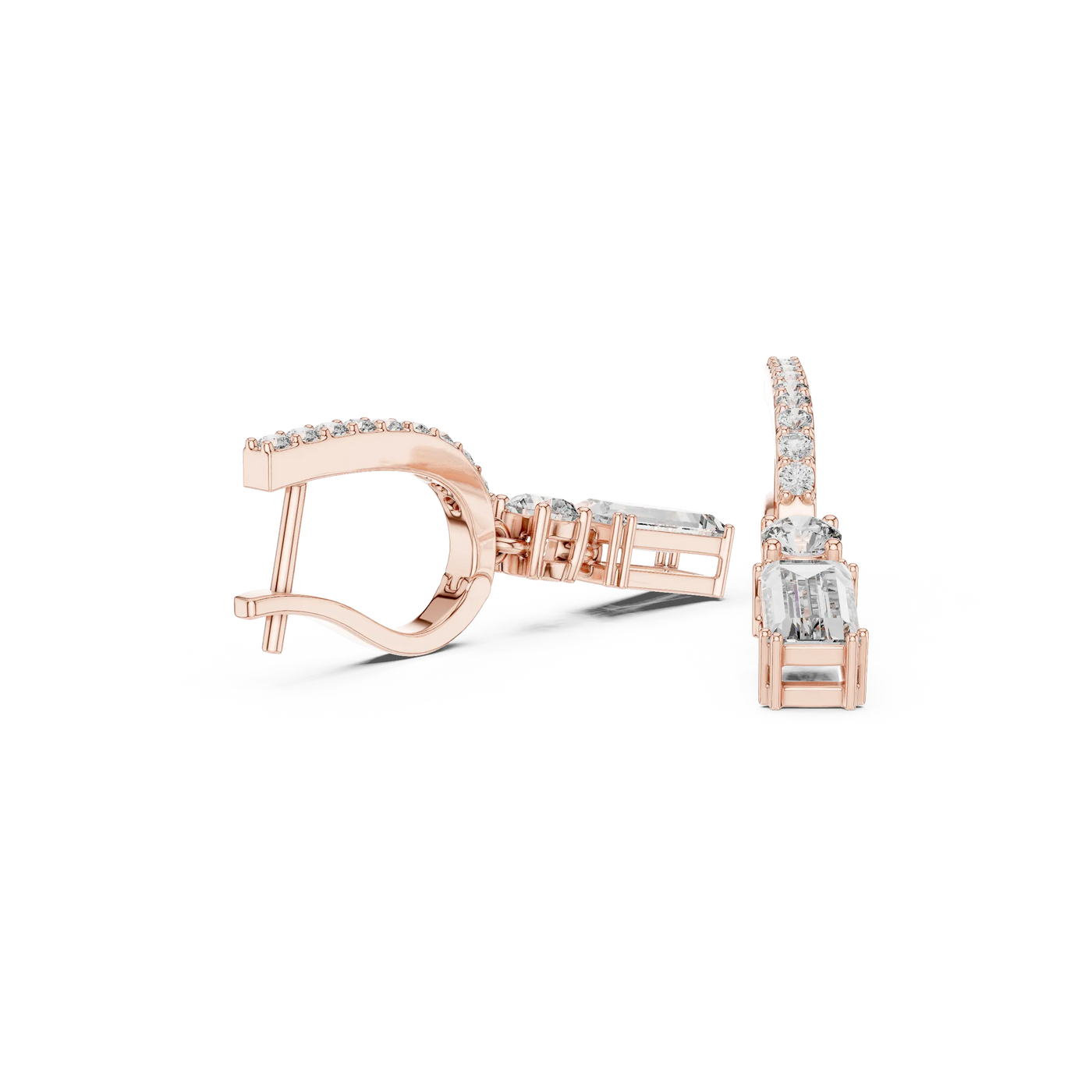 Pair Shot: Emerald Cut Diamond Earrings with Halo Setting in 14k Rose Gold - Lab Grown - Driona Jewels
