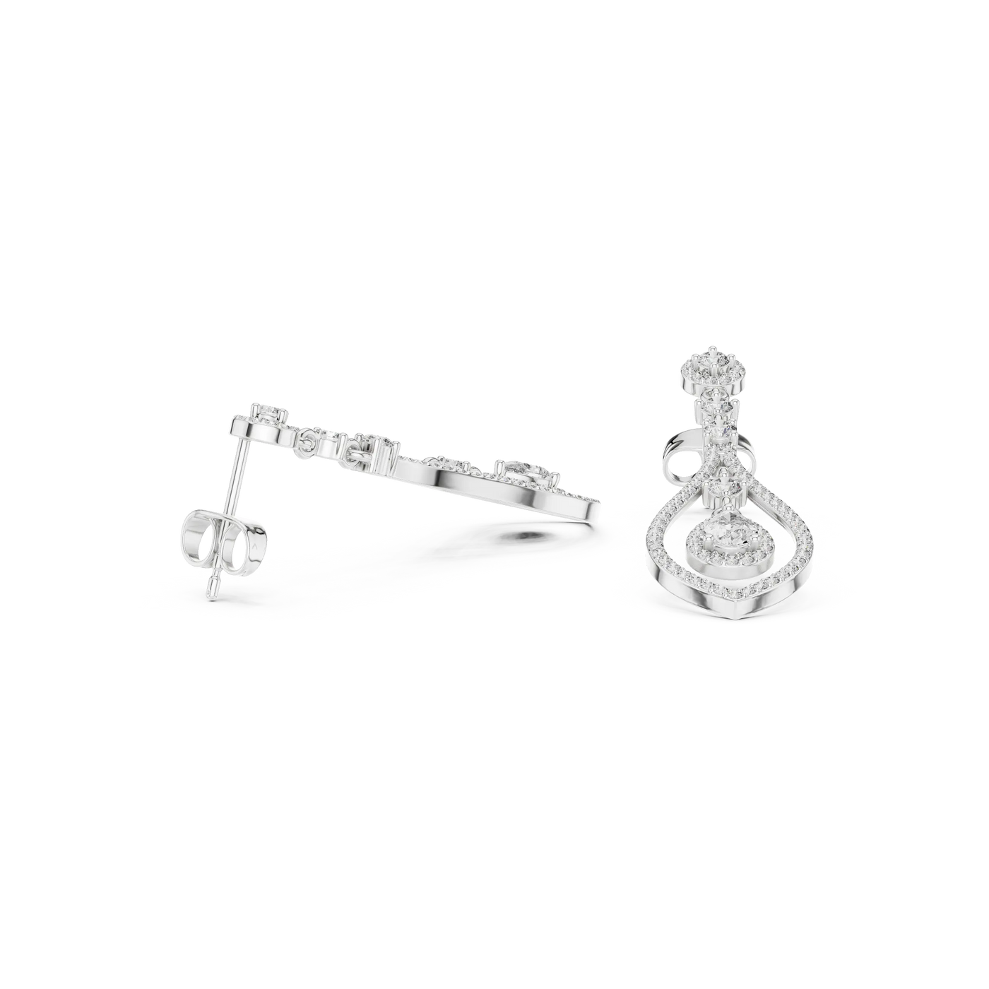 Side-profile: Round Diamond Earrings with Halo Setting in 14k White Gold - Lab Grown - Driona Jewels