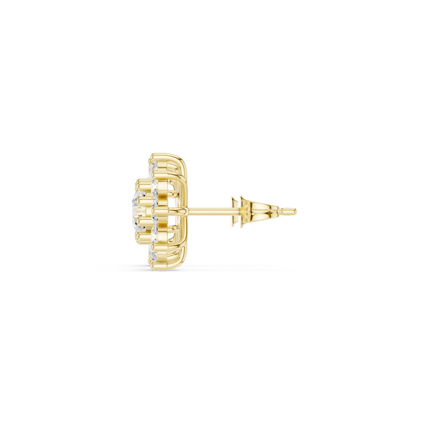 Side-Profile: Round Diamond Earring with Halo Setting in 14k Yellow Gold - Lab Grown - Driona Jewels