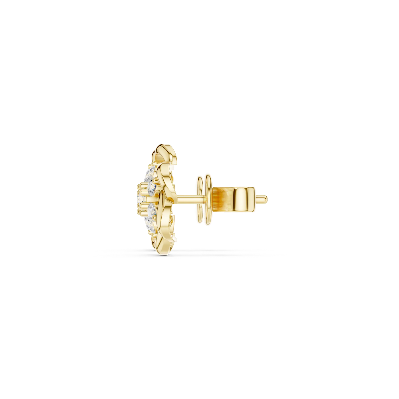 Side-Profile: Round Diamond Earring with Halo Setting in 14k Yellow Gold - Lab Grown - Driona Jewels