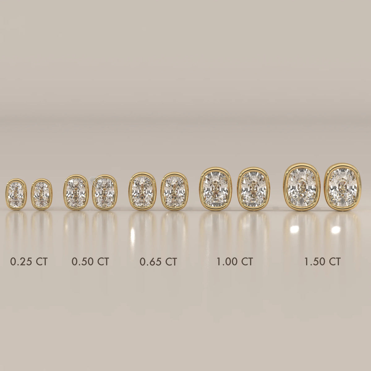 A line of cushion-cut diamond stud earrings in gold, shown in various carat sizes.