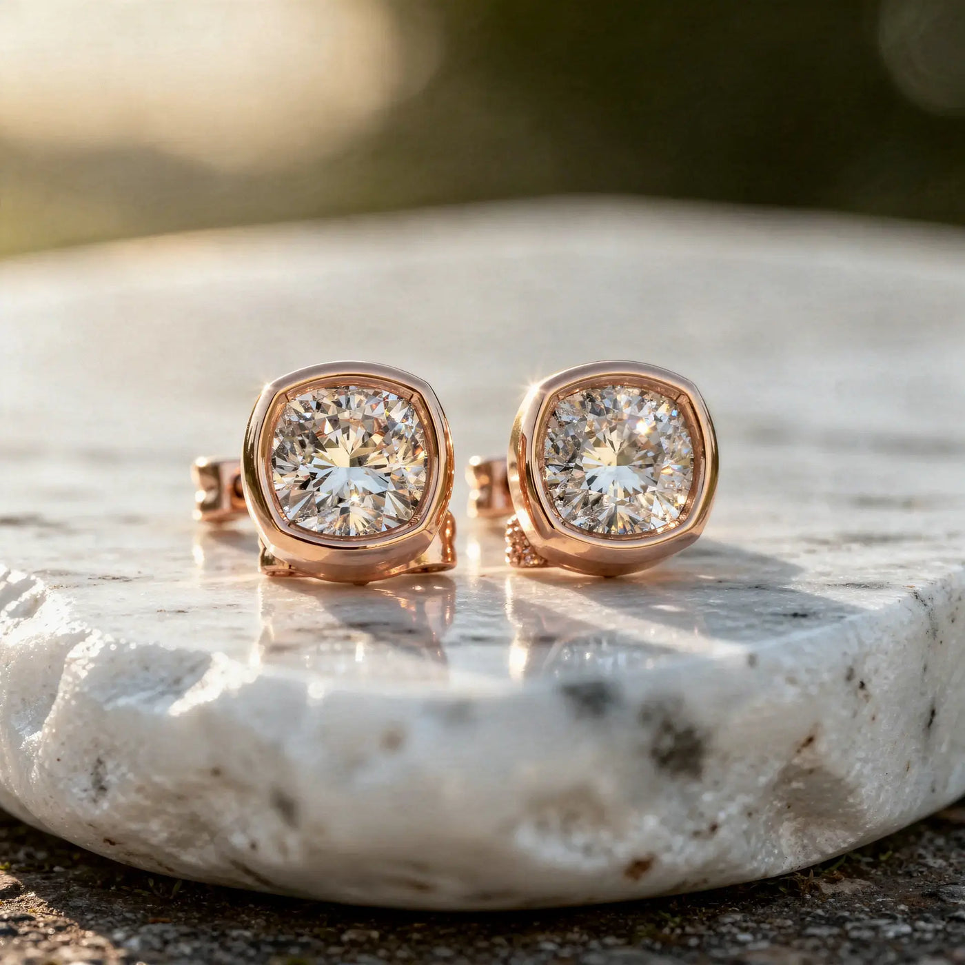 Pair-shot: Cushion Diamond Earrings with Bezel Setting in 14k Rose Gold - Lab Grown - Driona Jewels