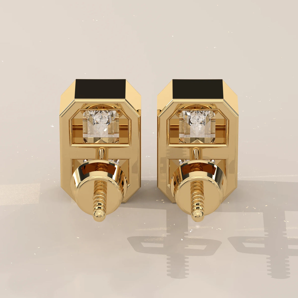 Gold stud earrings with diamonds and black accents.