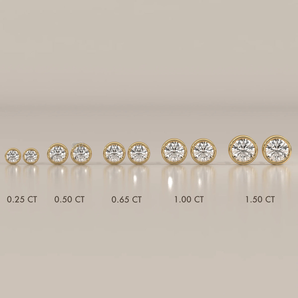 A line of diamond stud earrings in gold, shown in various carat sizes.