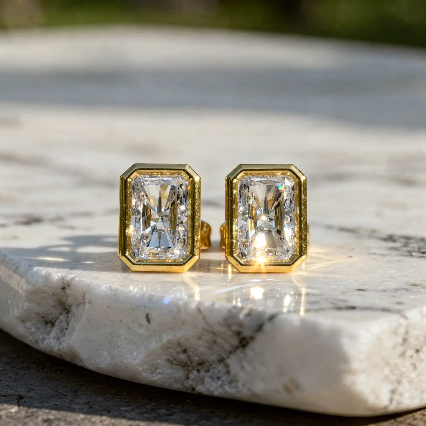 Pair Shot: Emerald Cut Diamond Earrings with Bezel Setting in 14k Yellow Gold - Lab Grown - Driona Jewels