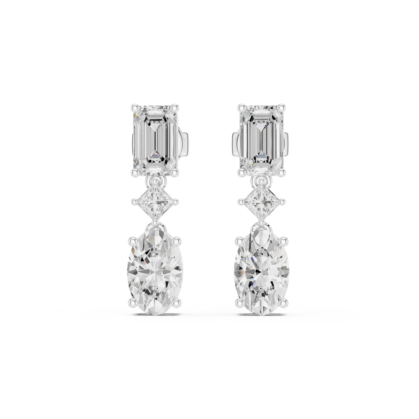 Pair Shot: Emerald Cut Diamond Earrings with Drop Setting in 14k White Gold - Lab Grown - Driona Jewels