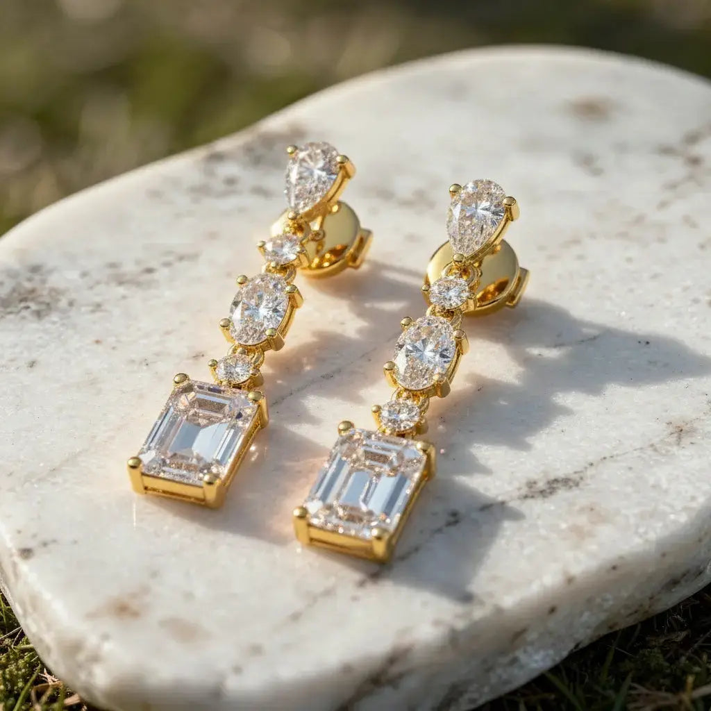 Flat Lay: Emerald Cut Diamond Earrings with Drop Setting in 14k Yellow Gold - Lab Grown - Driona Jewels
