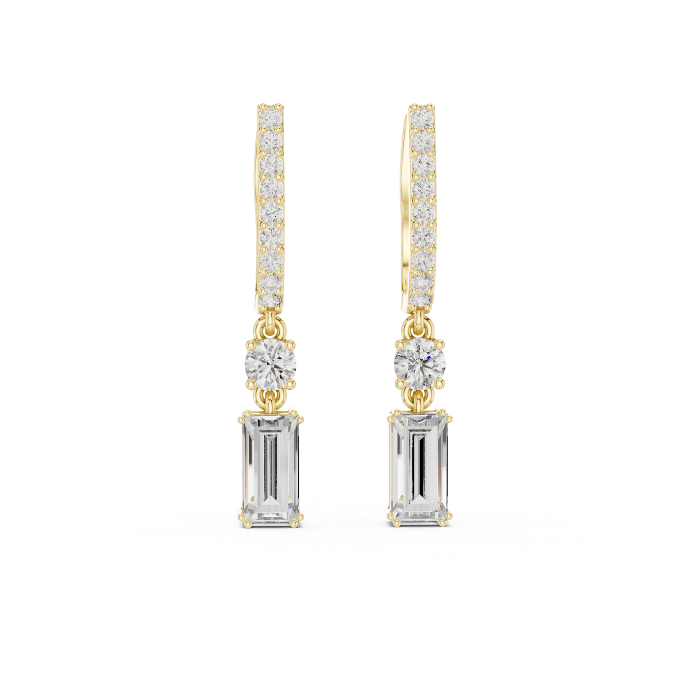 Pair Shot: Emerald Cut Diamond Earrings with Drop Setting in 14k Yellow Gold - Lab Grown - Driona Jewels