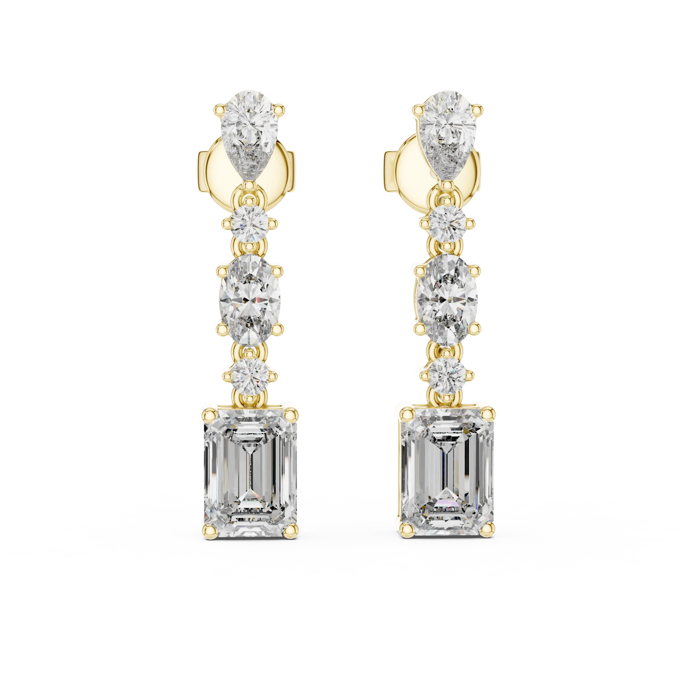 Pair Shot: Emerald Cut Diamond Earrings with Drop Setting in 14k Yellow Gold - Lab Grown - Driona Jewels