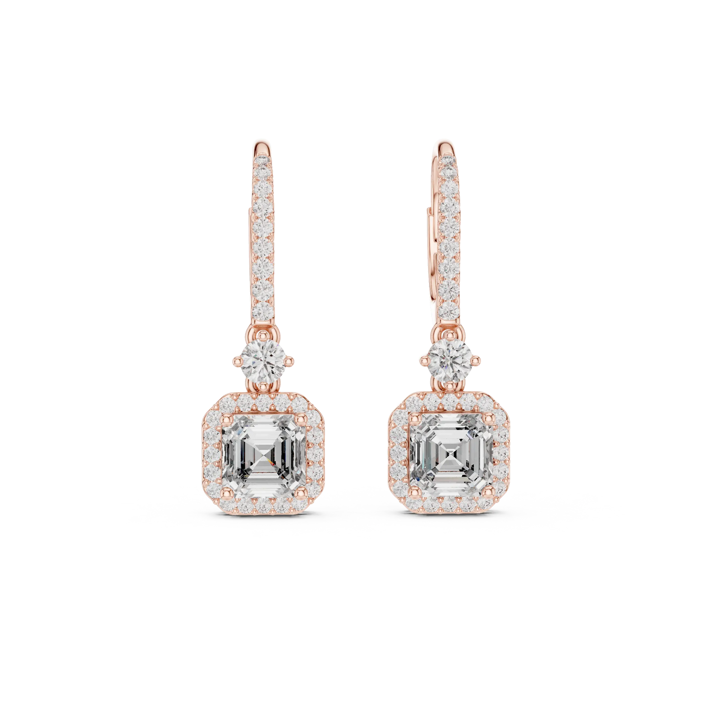 Pair Shot: Emerald Cut Diamond Earrings with Halo Setting in 14k Rose Gold - Lab Grown - Driona Jewels