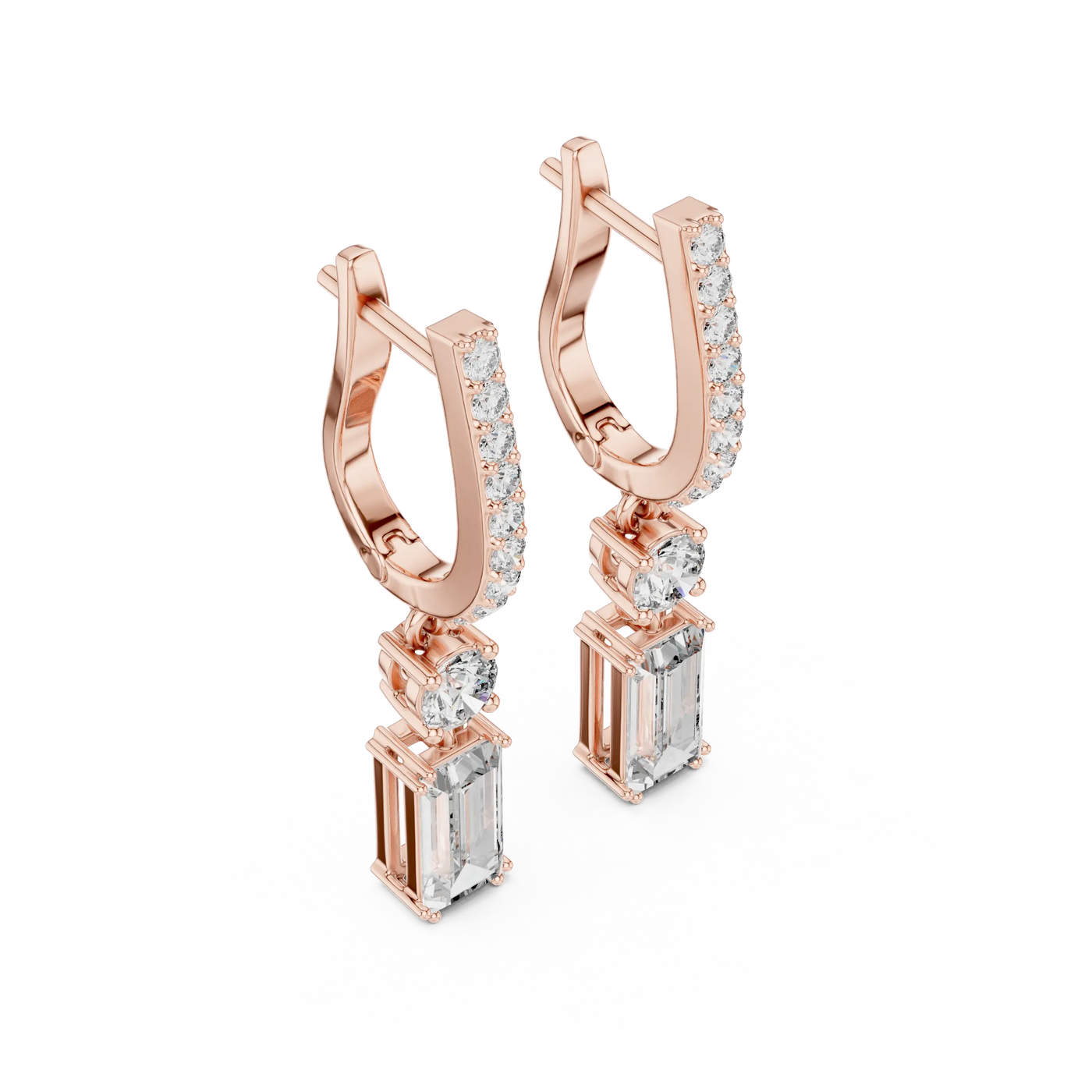 Pair Shot: Emerald Cut Diamond Earrings with Halo Setting in 14k Rose Gold - Lab Grown - Driona Jewels