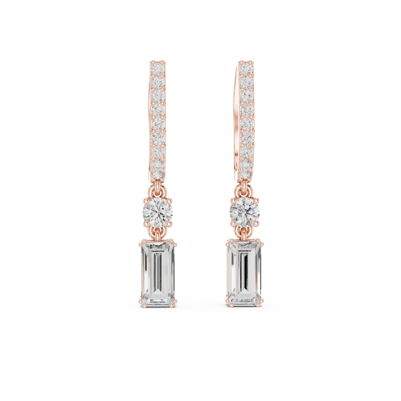 Pair Shot: Emerald Cut Diamond Earrings with Halo Setting in 14k Rose Gold - Lab Grown - Driona Jewels