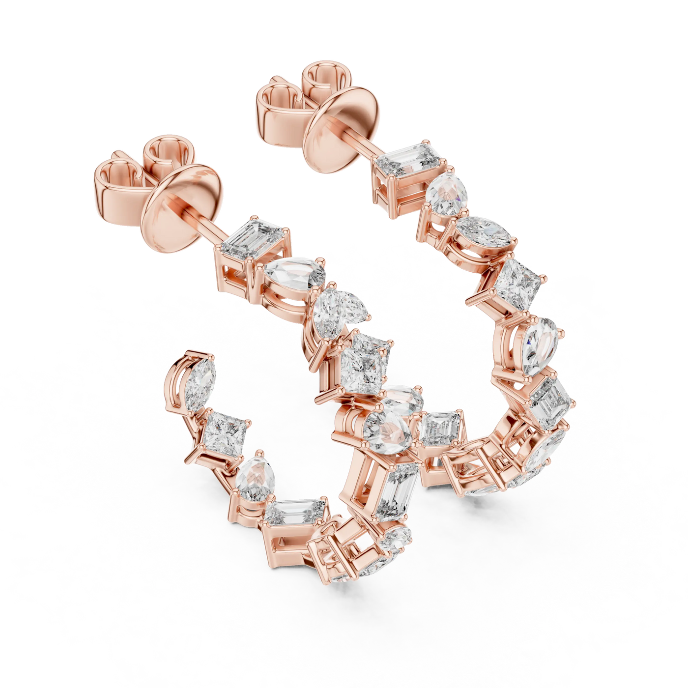 Pair Shot: Emerald Cut Diamond Earrings with Halo Setting in 14k Rose Gold - Lab Grown - Driona Jewels
