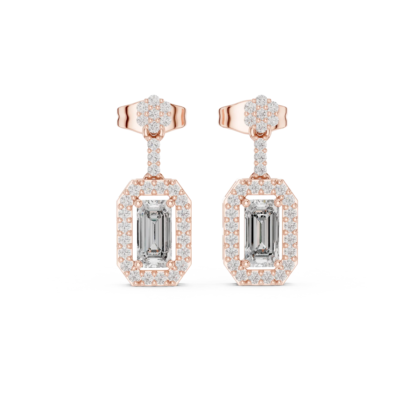 Pair Shot: Emerald Cut Diamond Earrings with Halo Setting in 14k Rose Gold - Lab Grown - Driona Jewels