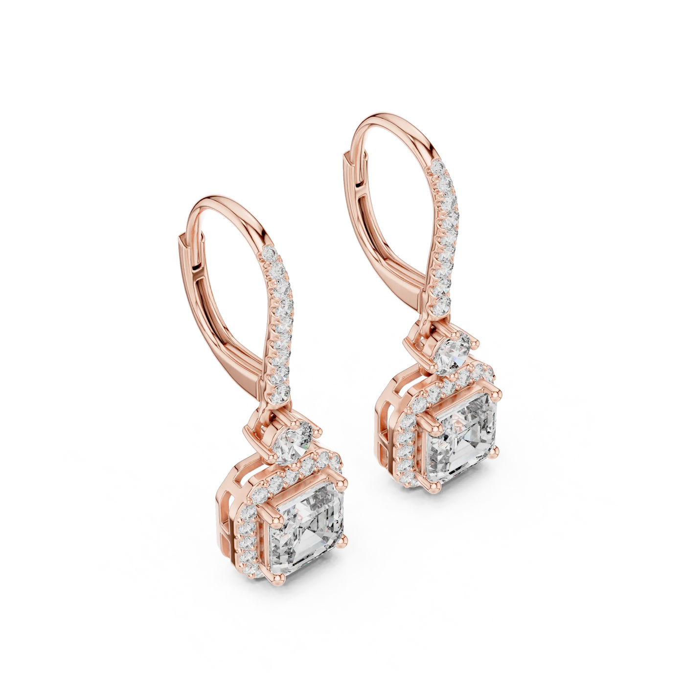Pair Shot: Emerald Cut Diamond Earrings with Halo Setting in 14k Rose Gold - Lab Grown - Driona Jewels