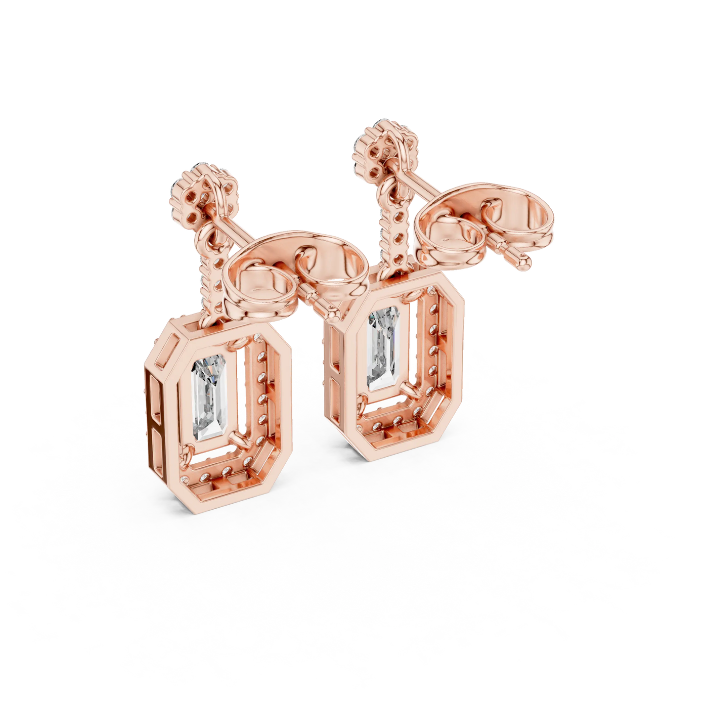 Pair Shot: Emerald Cut Diamond Earrings with Halo Setting in 14k Rose Gold - Lab Grown - Driona Jewels
