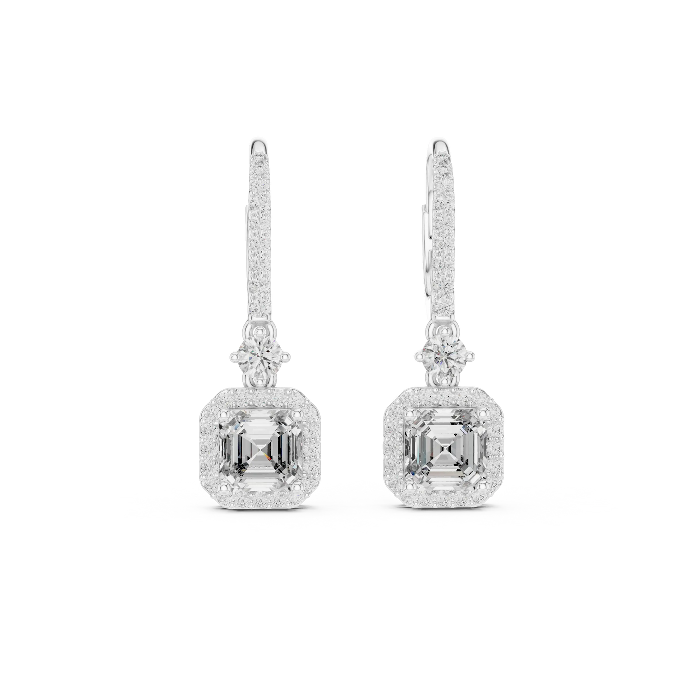 Pair-Shot: Emerald Cut Diamond Earrings with Halo Setting in 14k White Gold - Lab Grown - Driona Jewels
