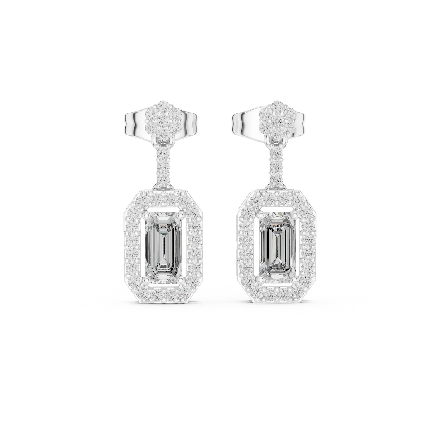 Pair-Shot: Emerald Cut Diamond Earrings with Halo Setting in 14k White Gold - Lab Grown - Driona Jewels