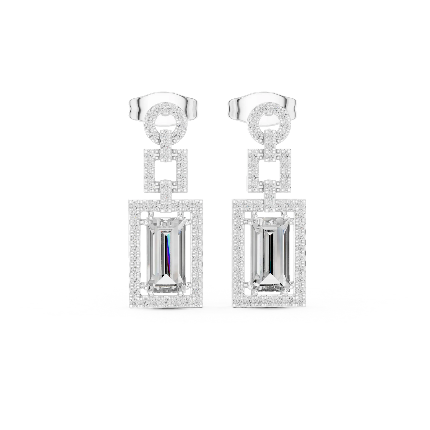 Pair-Shot: Emerald Cut Diamond Earrings with Halo Setting in 14k White Gold - Lab Grown - Driona Jewels