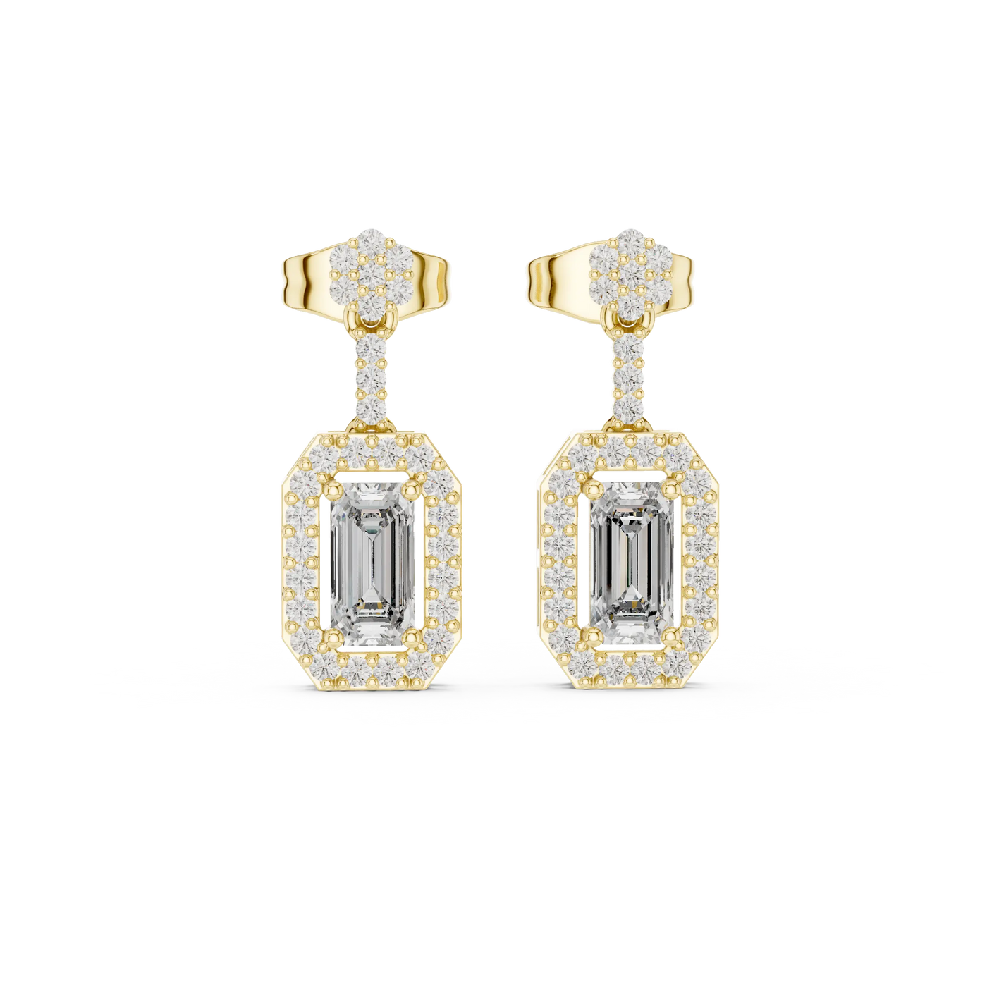 Pair-Shot: Emerald Cut Diamond Earrings with Halo Setting in 14k Yellow Gold - Lab Grown - Driona Jewels
