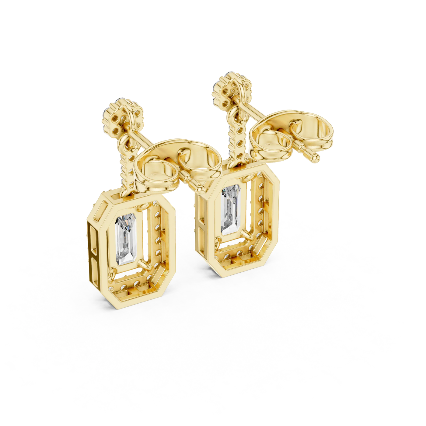 Pair Shot: Emerald Cut Diamond Earrings with Prong Setting in 14k Yellow Gold - Lab Grown - Driona Jewels