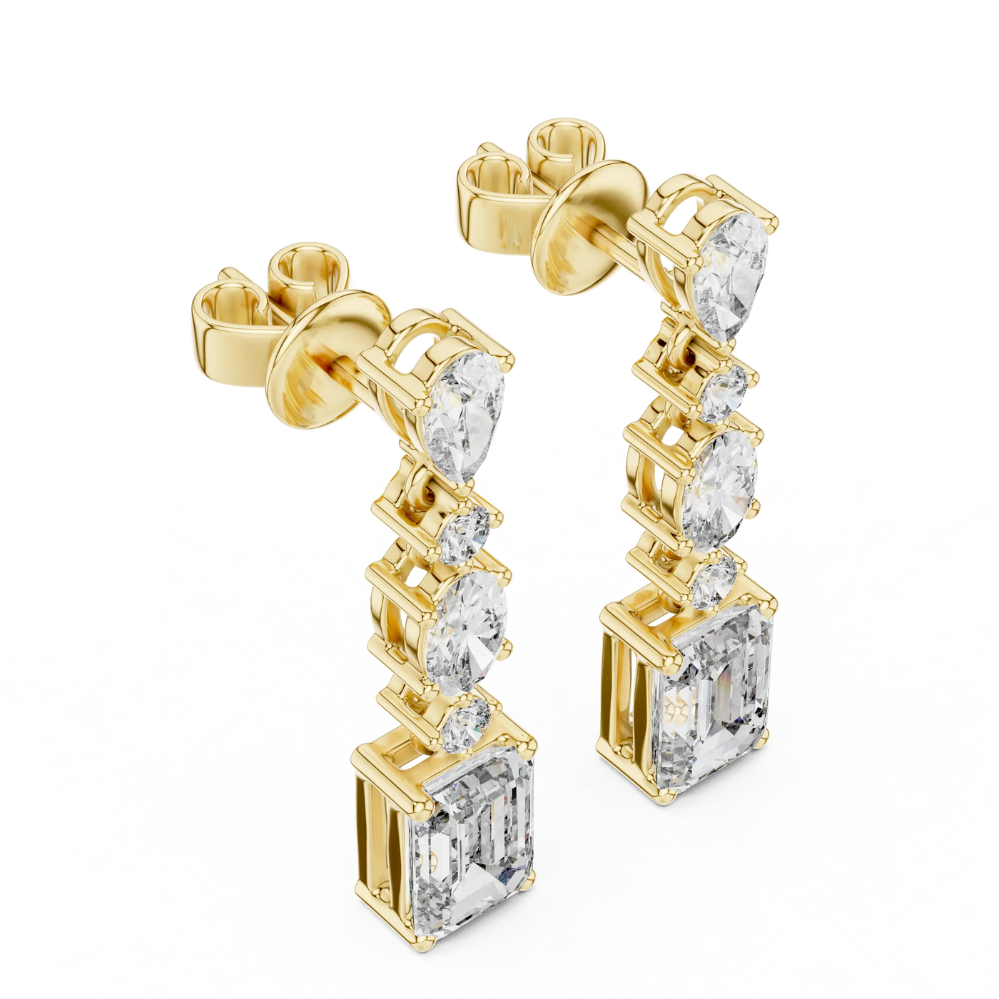 Pair-Shot: Emerald Cut Diamond Earrings with Prong Setting in 14k Yellow Gold - Lab Grown - Driona Jewels