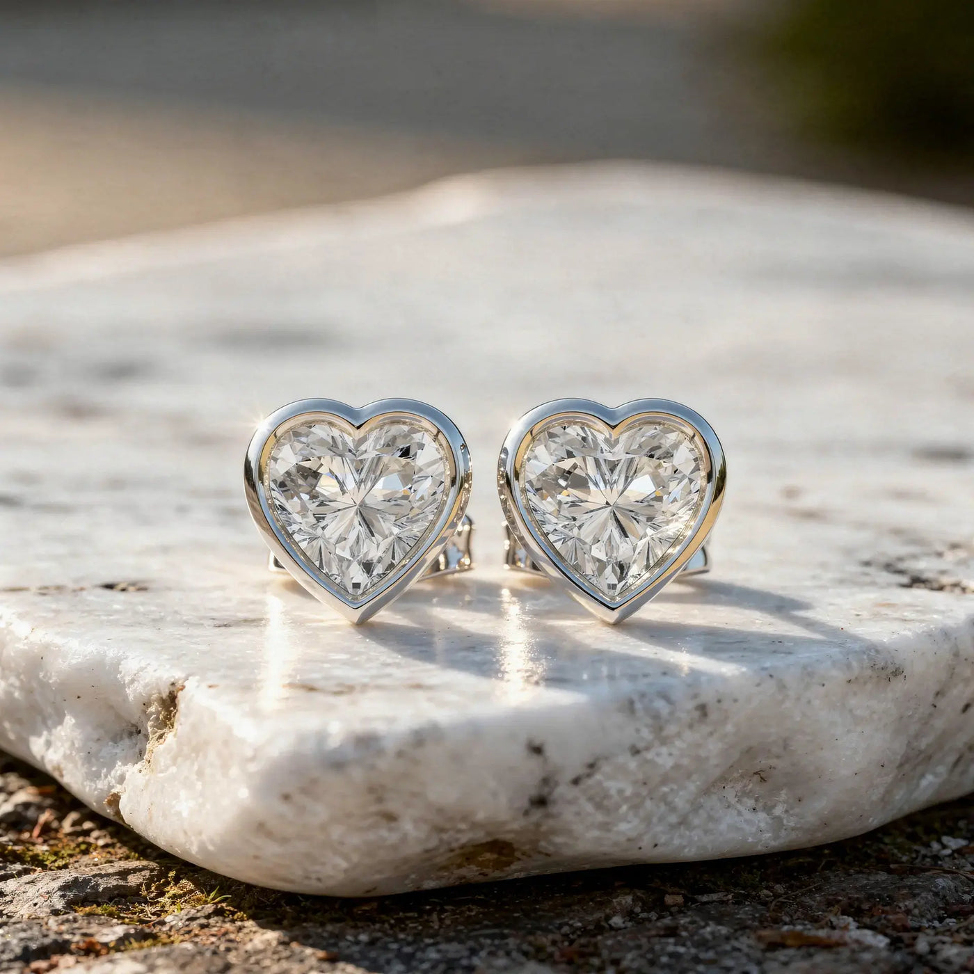 Pair Shot: Heart Diamond Earrings with Bezel Setting in 14k White Gold - Lab Grown - Driona Jewels
