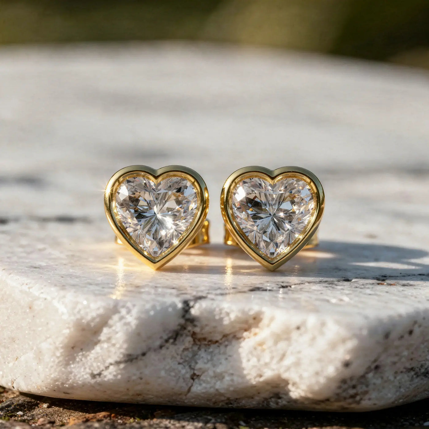 Pair-Shot: Heart Diamond Earrings with Bezel Setting in 14k Yellow Gold - Lab Grown - Driona Jewels