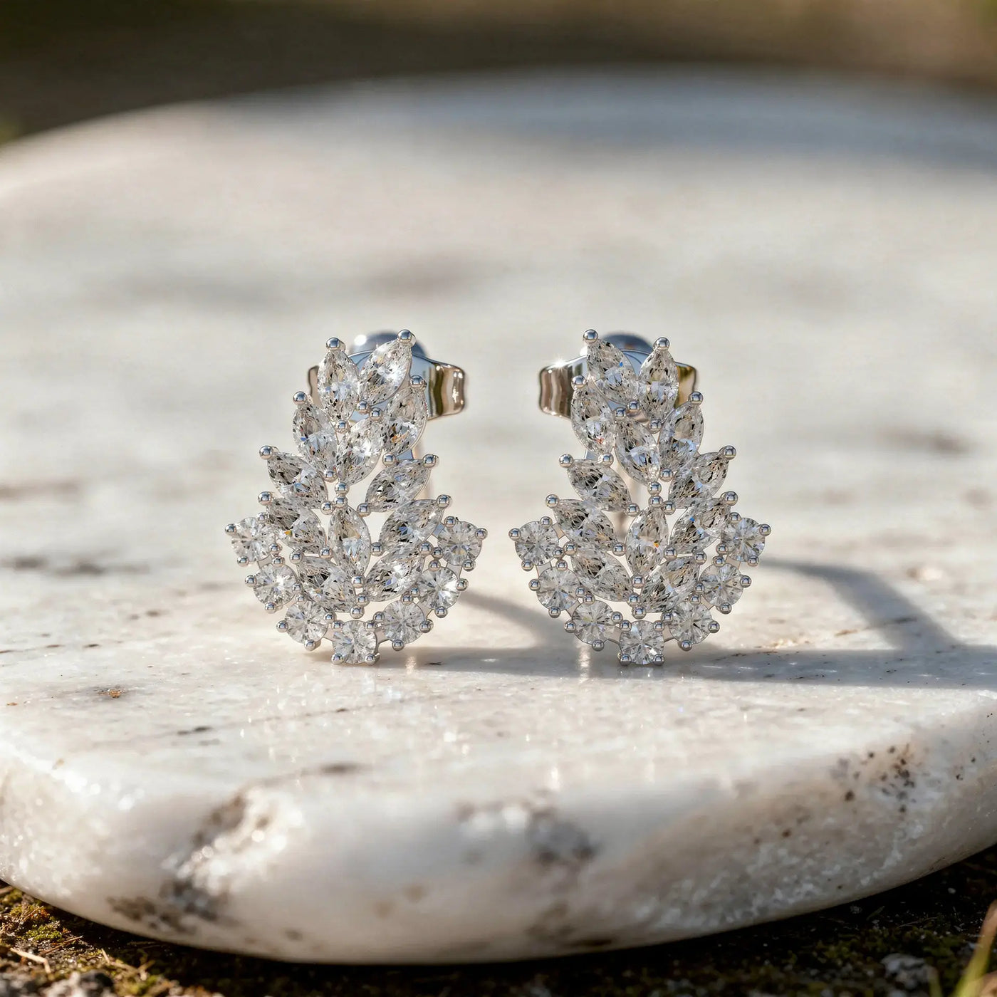 Pair Shot: Marquise Diamond Earrings with Cluster Setting in 14k White Gold - Lab Grown - Driona Jewels