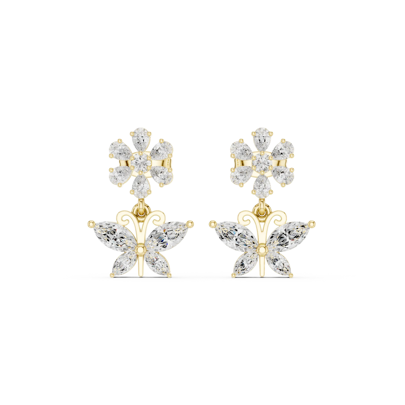 Pair-Shot: Marquise Diamond Earrings with Cluster Setting in 14k Yellow Gold - Lab Grown - Driona Jewels