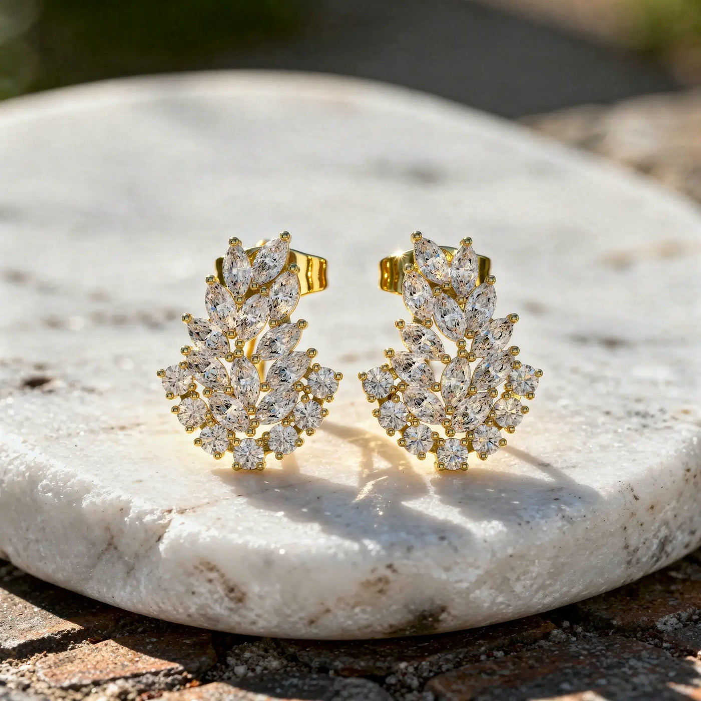 Pair-Shot: Marquise Diamond Earrings with Cluster Setting in 14k Yellow Gold - Lab Grown - Driona Jewels