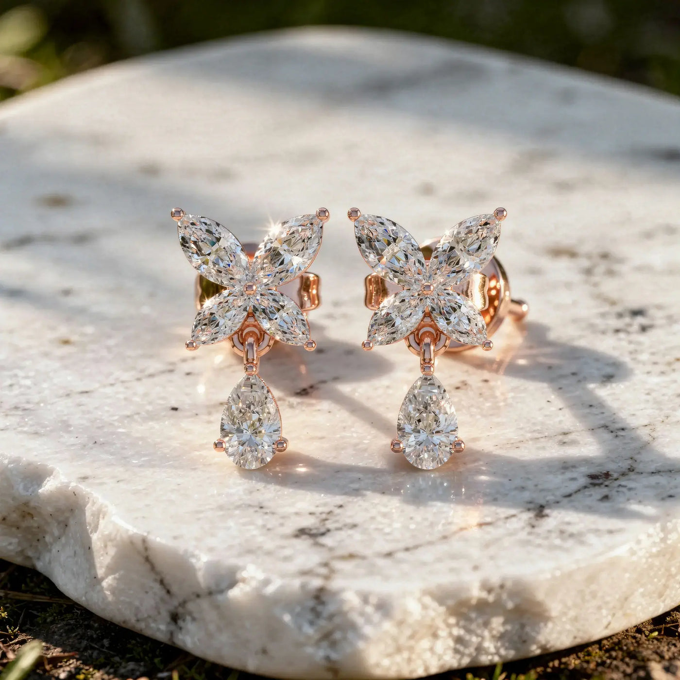 Pair Shot: Marquise Diamond Earrings with Drop Setting in 14k Rose Gold - Lab Grown - Driona Jewels
