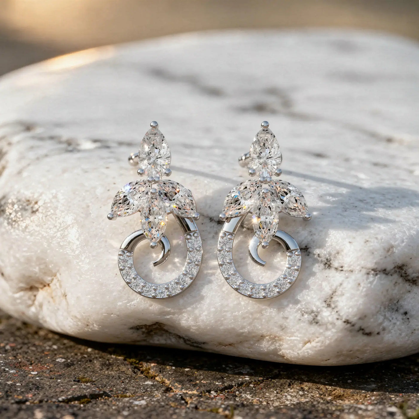 Pair-Shot: Marquise Diamond Earrings with Halo Setting in 925 Silver - Lab Grown - Driona Jewels