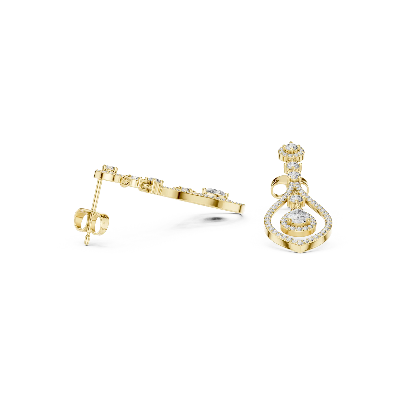 Three-quarter-view: Marquise Diamond Earrings with Halo Setting in 14k Yellow Gold - Lab Grown - Driona Jewels