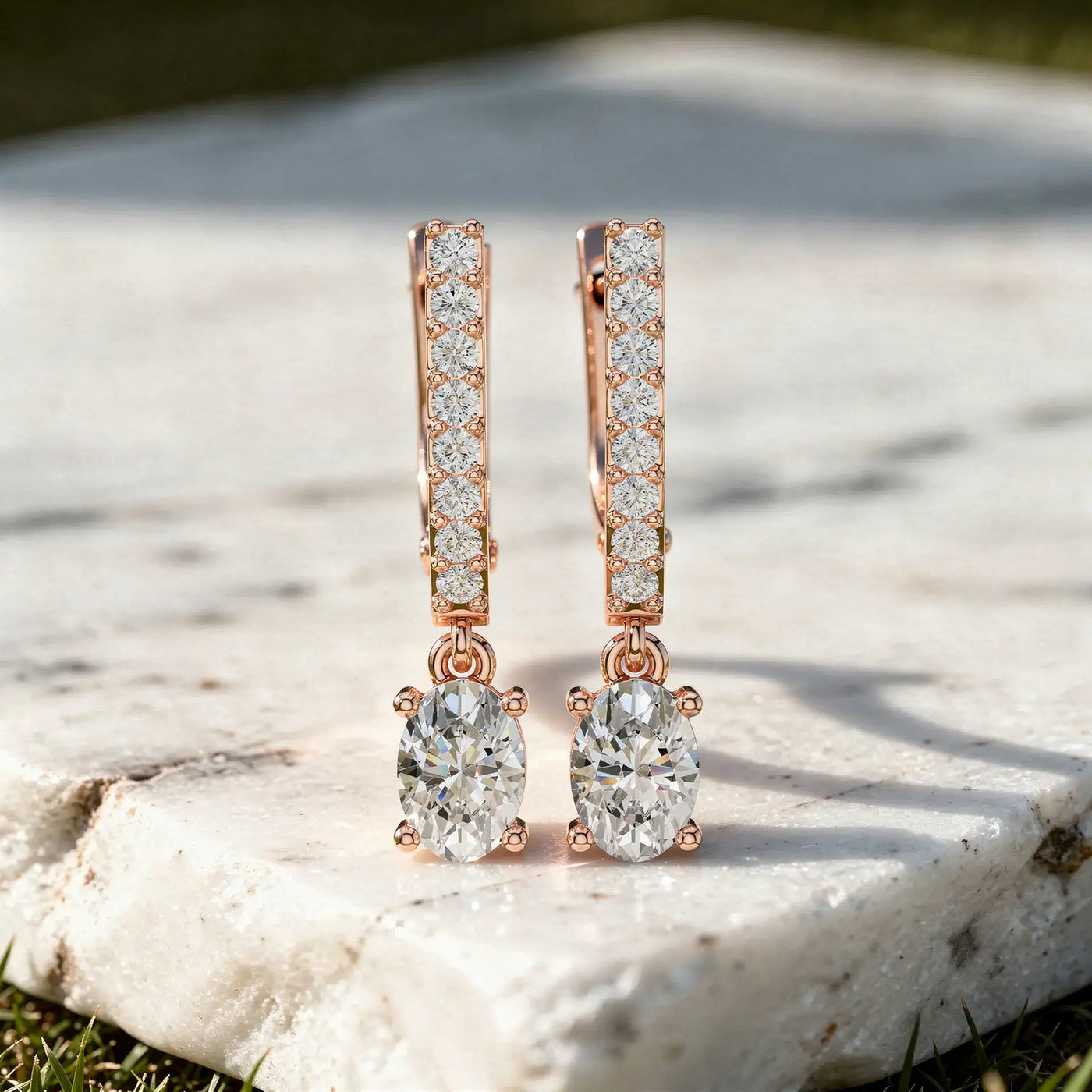 Pair-Shot: Oval Diamond Earrings with Drop Setting in 14k Rose Gold - Lab Grown - Driona Jewels