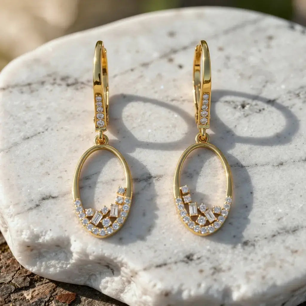 Pair Shot: Oval Diamond Earrings with Pave Setting in 14k Yellow Gold - Lab Grown - Driona Jewels