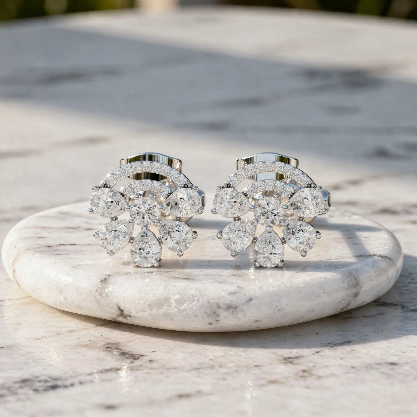 Pair Shot: Pear Cut Diamond Earrings with Cluster Setting in 14k White Gold - Lab Grown - Driona Jewels