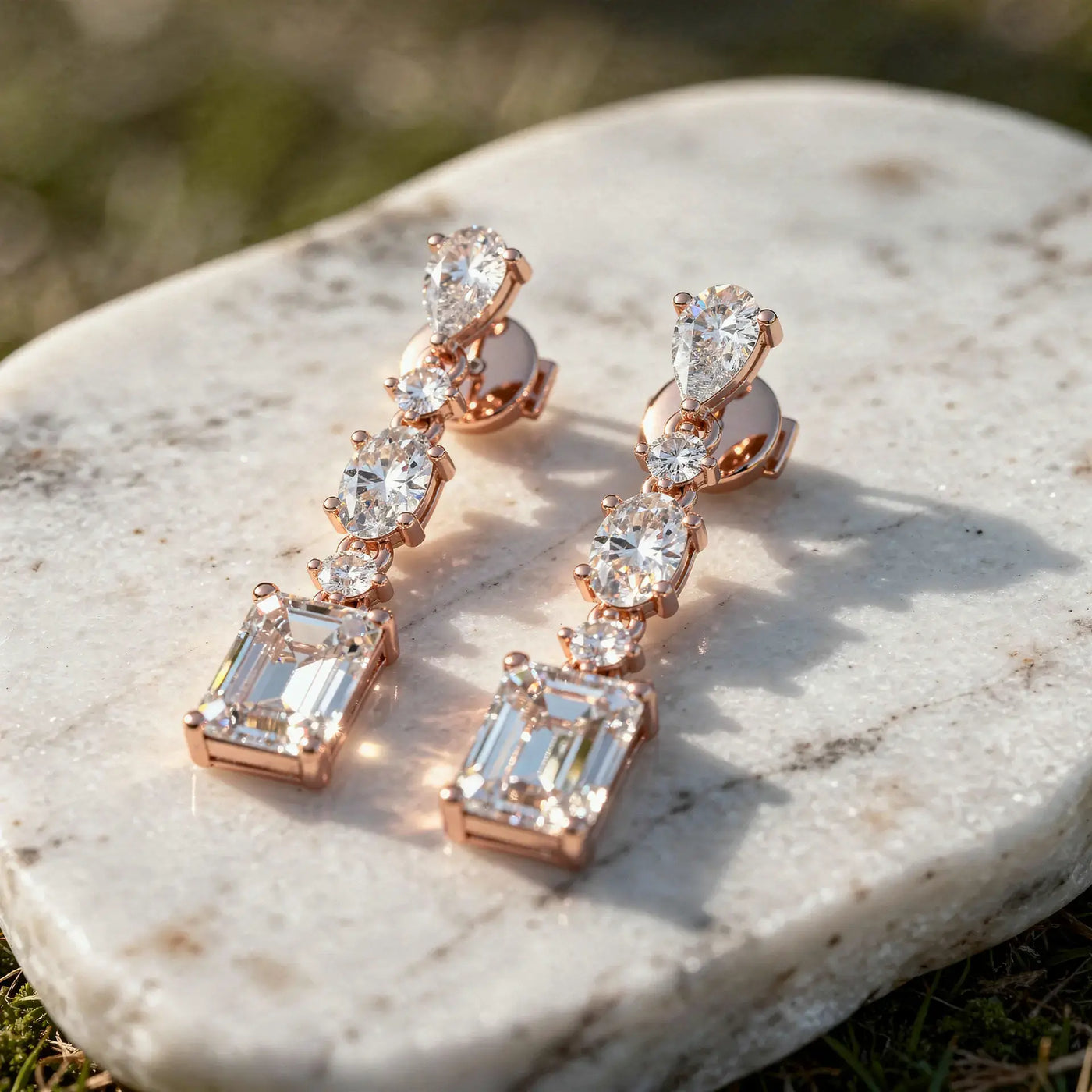 Close-up: Pear Cut Diamond Earrings with Drop Setting in 14k Rose Gold - Lab Grown - Driona Jewels