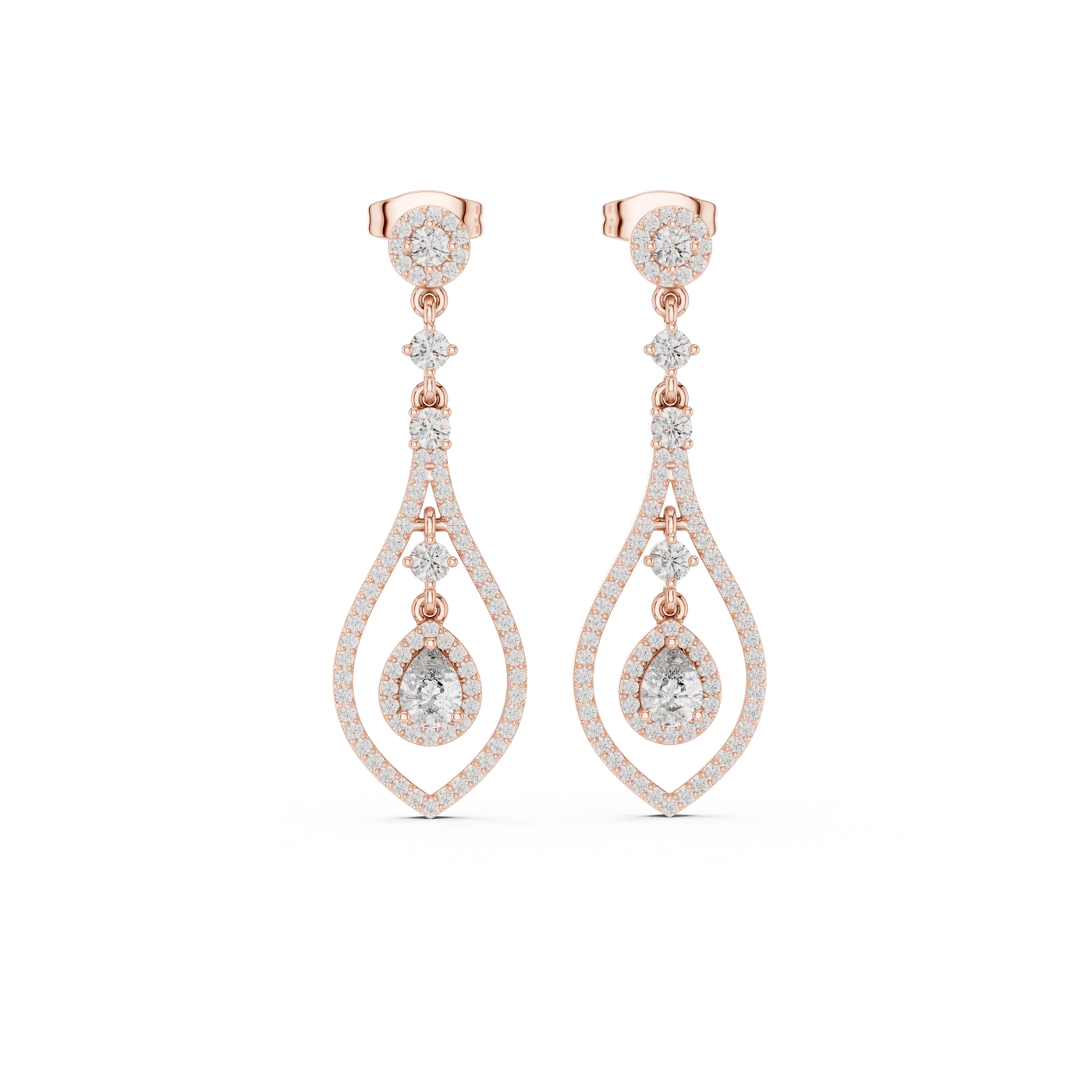 Pair Shot: Pear Cut Diamond Earrings with Drop Setting in 14k Rose Gold - Lab Grown - Driona Jewels