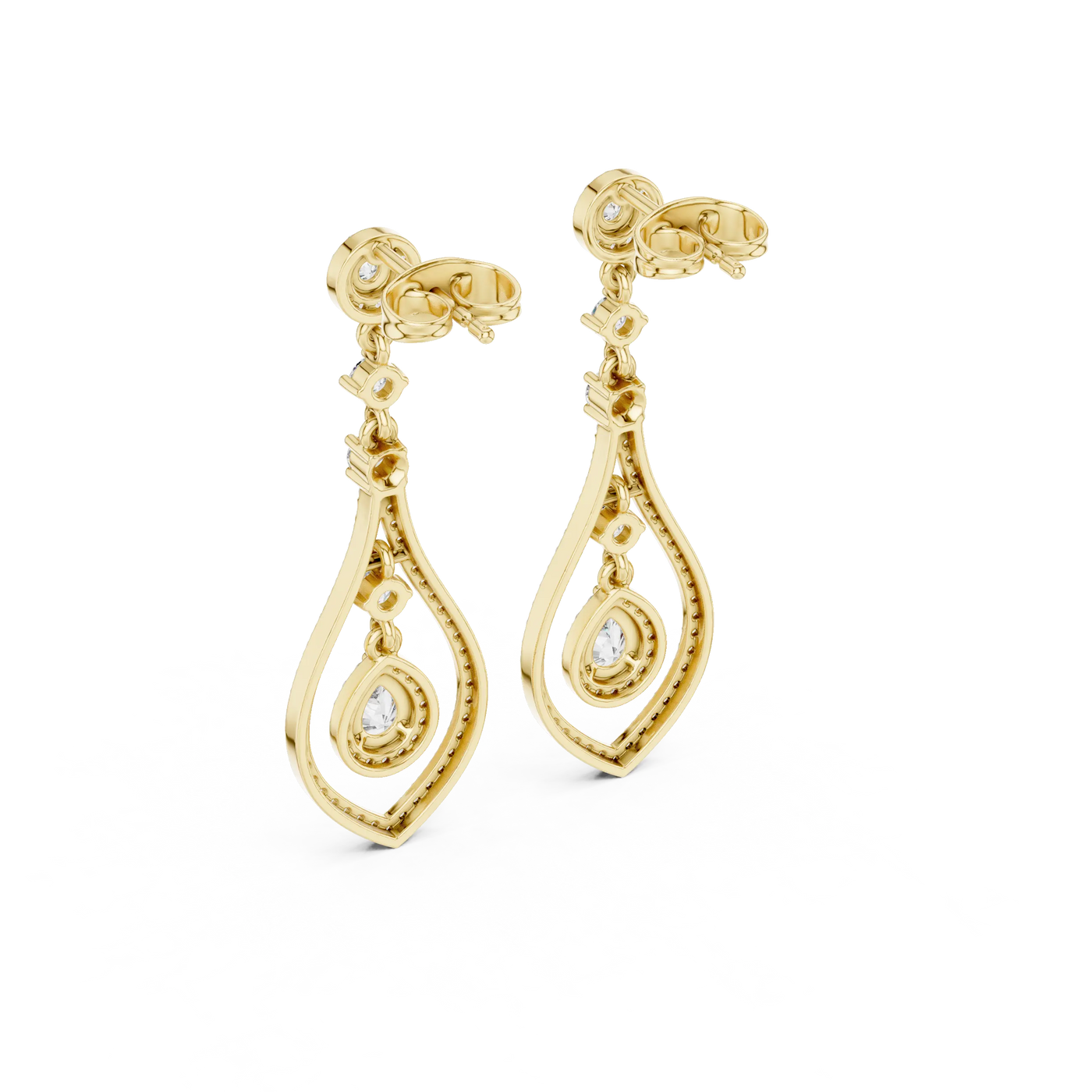 Pair Shot: Pear Cut Diamond Earrings with Drop Setting in 14k Yellow Gold - Lab Grown - Driona Jewels