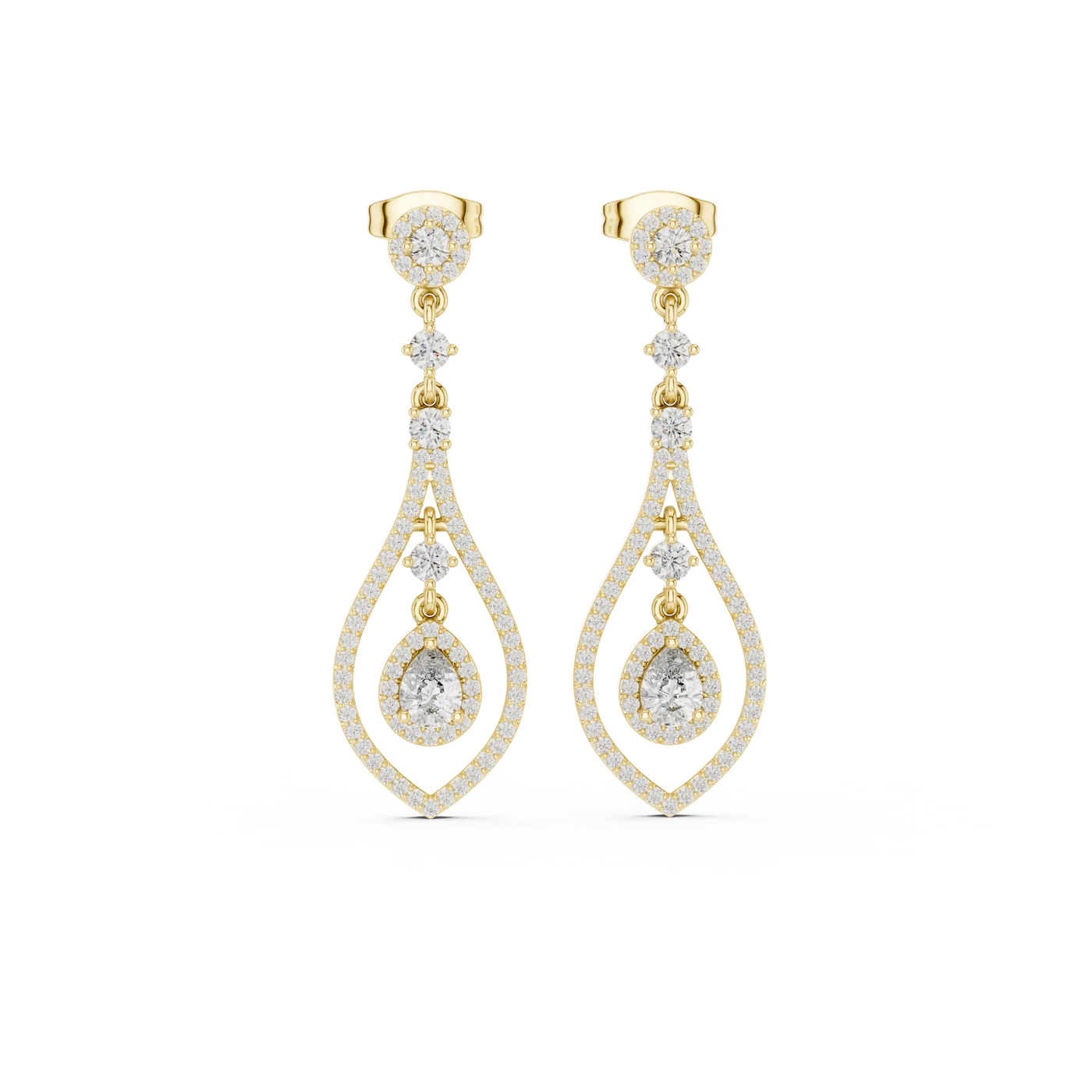 Pair Shot: Pear Cut Diamond Earrings with Drop Setting in 14k Yellow Gold - Lab Grown - Driona Jewels