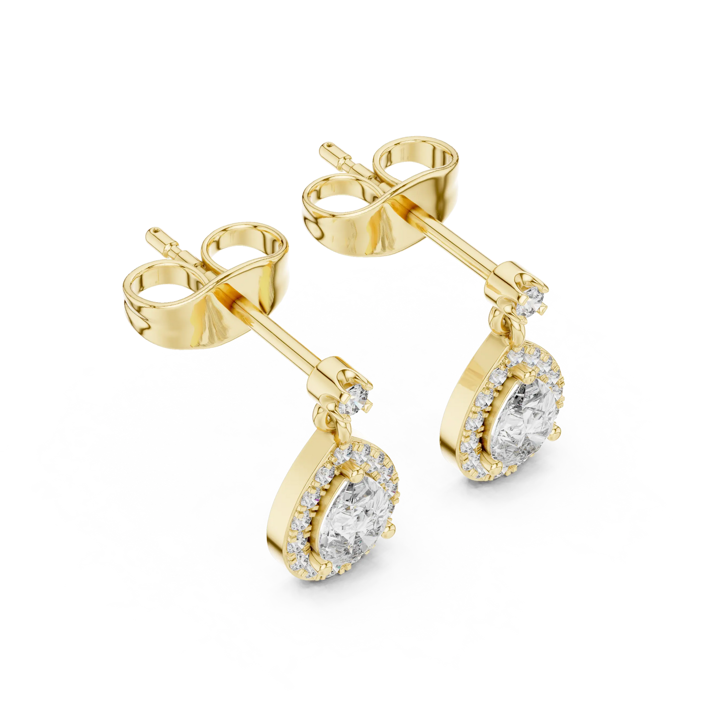 Pair Shot: Pear Cut Diamond Earrings with Halo Setting in 14k Yellow Gold - Lab Grown - Driona Jewels
