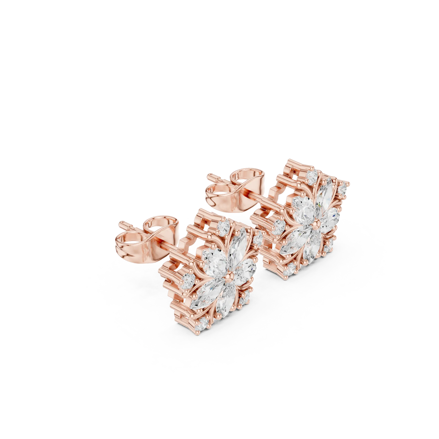 Three-Quarter View: Pear Cut Diamond Earrings with Prong Setting in 14k Rose Gold - Lab Grown - Driona Jewels