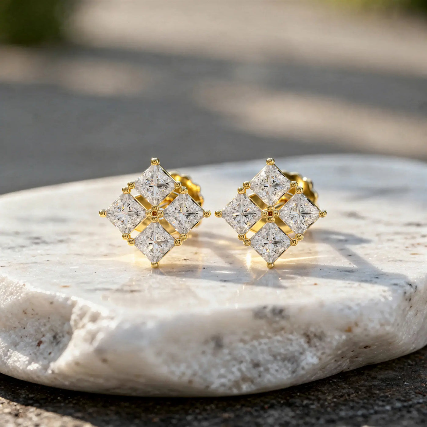 Pair Shot: Princess Diamond Earrings with Cluster Setting in 14k Yellow Gold - Lab Grown - Driona Jewels
